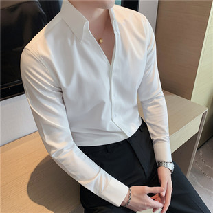 法式一片领白色打底长袖衬衫男纯色，痞帅高级感立领衬衣v领内搭潮