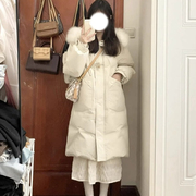 韩系温柔大毛领连帽白色羽绒棉服，女2024冬季中长款面包服大衣外套