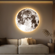 月球客厅墙面装饰画肌理，感砂岩卧室床头挂画圆形玄关带灯发光壁画