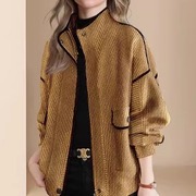 欧美名媛高级感风衣秋季2023女装黄色条纹立领，工装风夹克外套