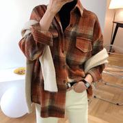 日本顶奢磨毛棉格子衬衫，女中长款秋季韩版宽松长袖衬衣外套厚