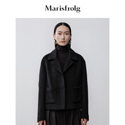 艺术时装玛丝菲尔冬季黑色气质V领羊毛毛呢外套