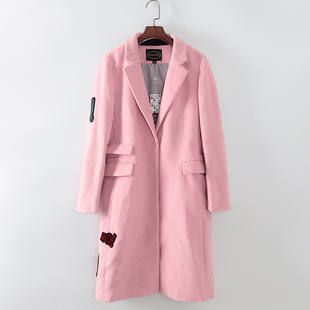 灵系列秋冬品牌，女装库存折扣，粉红色中长款毛呢大衣f972