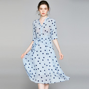 2020夏季女装气质显瘦不规则系带波点印花真丝连衣裙MJ1663