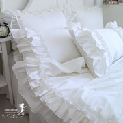 进口欧美韩式双荷叶边嵌手工褶皱白色贡缎纯棉床上用品床裙四件套