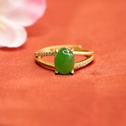 眷钰和田玉菠菜绿戒指，碧玉冰阳绿蛋面，指环珠宝玉石时尚饰品礼物