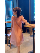 粉色圆领荷叶边泡泡袖雪纺，连衣裙女2023夏季气质裙子仙女超仙