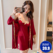 红色夏季睡衣女性感冰丝，吊带睡裙套装春秋蕾丝，长袖薄款仿真丝睡袍