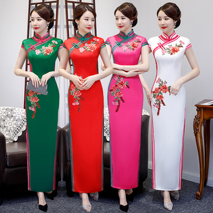 旗袍年轻款高端中国风老上海改良版红色大码演出长款走秀优雅复古