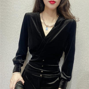 法式衬衫女冬高级设计感黑色金丝绒上衣长袖，v领打底衫欧货上衣潮