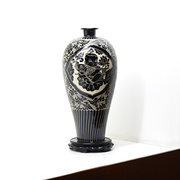 磁州窑梅瓶摆件家居黑釉刻花陶瓷花瓶童子抱鱼手工拉坯高57.5厘米