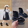 女童靴子儿童鞋，2023秋季黑色飞织靴走秀表演短靴单靴高筒长靴