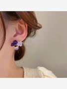 925银针镶钻猫眼石水晶紫色花朵耳环韩国仙女耳饰森系时尚耳钉女