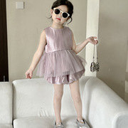 2024夏季韩版女童圆领裙摆式，上衣娃娃衫，公主衬衫时髦花苞短裤