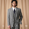 半麻衬CULTUM50羊毛亲王格英式西服套装男商务休闲西装三件套