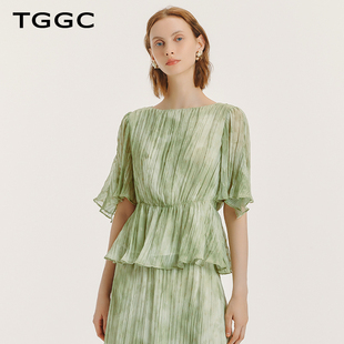 TGGC/台绣短袖女t恤2024夏季一字领收腰显瘦洋气套头简洁上衣
