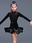 儿童拉丁舞练功服装女孩跳舞春秋冬丝绒演出服，分体比赛舞蹈裙