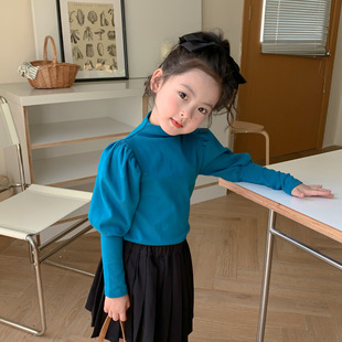 韩版女童半高领泡泡袖，打底衫2023秋季儿童纯棉长袖，t恤糖果色上衣