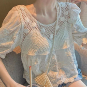 夏季蕾丝娃娃衫女减龄甜美镂空刺绣，宽松泡泡短袖上衣法式小衫