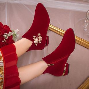 婚鞋冬季短靴中式红色秀禾高跟女2022新娘鞋粗跟婚纱结婚靴子