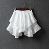 夏季亚麻不规则蕾丝花边，白色棉麻短裙女装，高腰棉麻蓬蓬半身裙裤