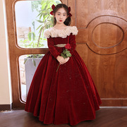 儿童礼服红色冬季女童高端公主裙花童婚礼小女孩主持人钢琴演出服