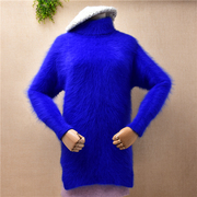 时尚秋冬保暖宝蓝色长毛水貂，绒高领修身显瘦长袖套头，毛衣女(毛衣女)r376