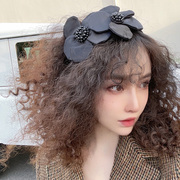 1413suzzi法式浪漫复古丝质高雅黑色大花朵发卡宽头箍丝绒头饰