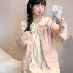两件套装日系甜美圆领毛衣，外套女学生针织开衫，+韩版娃娃领连衣裙