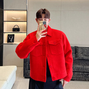 大红色亮色时髦夹克潮男韩版大东门秋冬款高级感重磅网红外套潮流
