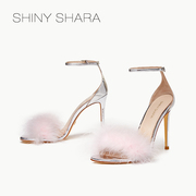 Shiny Shara/诗莎粉色毛一字带高跟鞋细跟时装凉鞋女夏季百搭