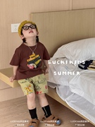LUCKI KIDS韩国童装2024夏季男童卡通印花棉T恤涂鸦拼接短裤