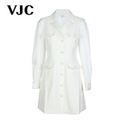 VJC/威杰思2023秋冬女装白色法式西装连衣裙泡泡袖商务通勤裙