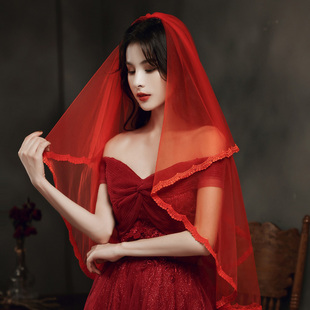 红色头纱新娘主婚纱结婚蕾丝长款复古拍照道具短款秀禾服盖头头饰
