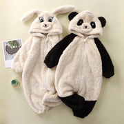 卡通小兔熊猫毛绒连体服婴幼儿可爱保暖衣小童连体家居服罩衣
