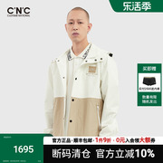 CNC男装奥莱outlets春秋白色梭织拼接撞色字母夹克连帽外套男