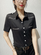 夏季女士短袖衬衫时尚翻领黑色拼条韩版显瘦翻领衬衣洋气百搭女装