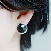 925纯银大耳钉，黑色玛瑙女款耳饰韩国时尚，夸张简约气质