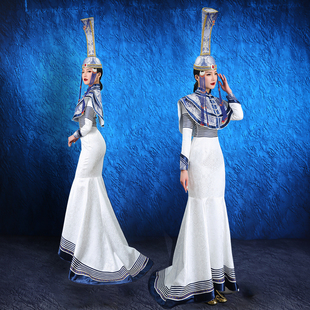 蒙古袍女白色鱼尾裙拖地款走秀摄影蒙古民族风舞蹈演出服饰