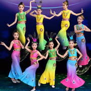 儿童双肩傣族舞蹈演出服弹力孔雀舞，燕尾裙女童，中国民族风格表演服