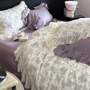 法式浪漫少女全棉斜纹印花床上四件套公主风纯棉，雪纺花边被套床单