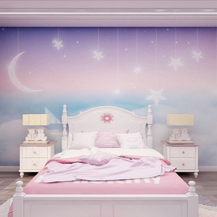 北欧儿童房壁纸女孩房，卧室定制壁画，卡通紫色梦幻星空云朵墙布墙纸