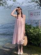 韩版夏季吊带连衣裙设计感纯色度假风宽松雪纺小飞袖吊带裙