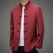 中年男士立领唐装，中国风刺绣盘扣大红色夹克，中老年人休闲男装外套
