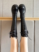 长筒靴女长靴高筒靴百搭骑士靴绑带设计英伦风增高显瘦黑色靴子