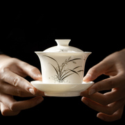 夏禾茶具白瓷釉下手绘兰花三才盖碗大号家用泡茶碗茶杯不烫手薄胎