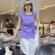 设计感绑带收腰麻料衬衫女欧洲站2025夏季新款钉珠圆领盖肩袖上衣