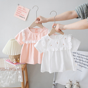女童蕾丝短袖衬衫纯棉婴儿夏装，上衣儿童刺绣小花，衬衣女宝宝娃娃衫