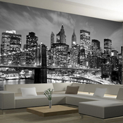 8d欧式黑白城市建筑客厅电视，背景墙壁纸沙发夜景简约卧室壁画墙布