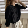 黑色衬衫女夏季设计感小众小个子高级感七分袖衬衣法式泡泡袖上衣